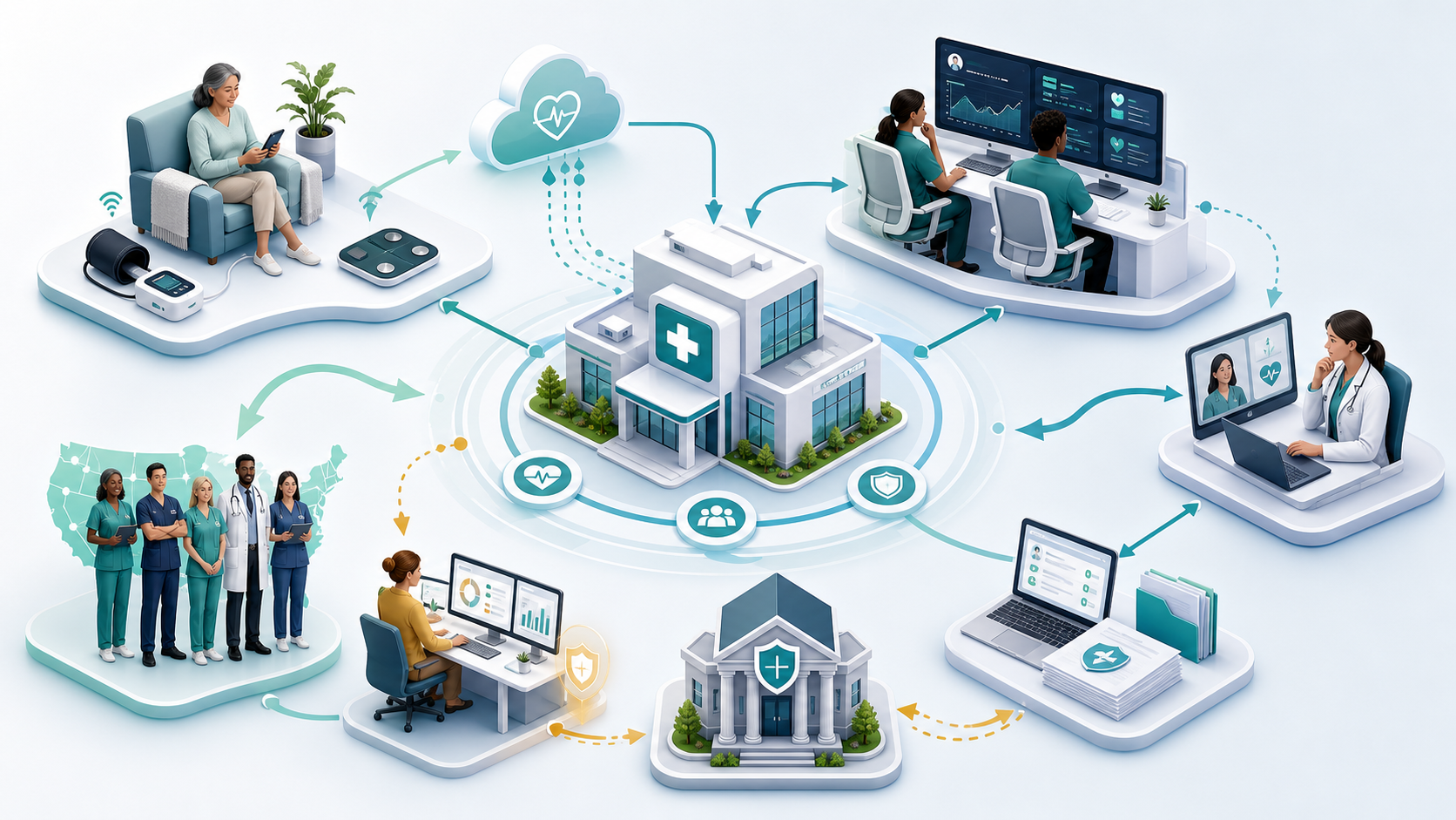 Healthcare ecosystem connecting a patient at home, remote monitoring team, clinician, clinic, payer operations, and U.S. healthcare staff